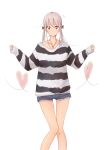  1girl 31_pacers bow brown_eyes denim denim_shorts grey_hair hair_bow heart highres jewelry long_hair looking_at_viewer low_twintails necklace original short_shorts shorts solo striped striped_sweater sweater twintails 
