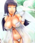  1girl bare_shoulders bird black_hair breasts cleavage curvy dove elbow_gloves flower gloves grey_eyes hair_flower hair_ornament highres hyuuga_hinata large_breasts lips long_hair naruto navel sakuama smile solo thighs white_gloves wide_hips 