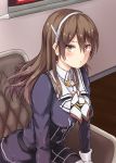  1girl :t ashigara_(kantai_collection) brown_eyes brown_hair chair commentary_request gloves hairband kantai_collection looking_at_viewer monoku pantyhose pout remodel_(kantai_collection) sitting solo uniform white_gloves white_legwear 