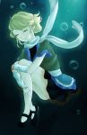  1girl air_bubble arm_warmers blonde_hair closed_eyes expressionless hand_on_leg highres knees_to_chest layered_dress leg_hug light_rays mary_janes mizuhashi_parsee pointy_ears scarf shoes short_hair short_sleeves solo sunbeam sunlight touhou underwater vemor 