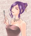  1girl barefoot breasts cleavage dress faris_scherwiz final_fantasy final_fantasy_v fork green_eyes hair_up jewelry lipstick makeup necklace one_eye_closed purple_hair sarisa_highwind_tycoon solo strapless_dress you-stg 