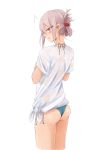  1girl 31_pacers annoyed aqua_bikini ass bikini blush cowboy_shot folded_ponytail from_behind grey_eyes grey_hair hair_ornament hairclip highres looking_at_viewer looking_back original shirt short_hair simple_background solo swimsuit tied_shirt white_background 