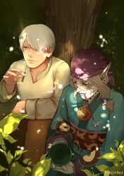  artist_name bandana cigarette crossover cup earrings facial_mark ginko hair_tie japanese_clothes jewelry kimono kusuriuri_(mononoke) leaf looking_down looking_up mononoke mushishi necklace one_eye_covered pale_skin pipe pointy_ears rynisyou shade signature sitting smoking tree white_hair 