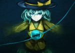  1girl aqua_hair blue_eyes bow chiruru96 hat hat_bow hat_ribbon komeiji_koishi looking_at_viewer outstretched_arms ribbon sketch solo string third_eye touhou upper_body 