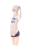  1girl 31_pacers brown_eyes cowboy_shot flat_chest grey_hair highres looking_down original ponytail shorts simple_background solo t-shirt white_background 