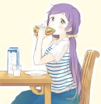  1girl blush casual chair drinking_glass eating from_side kana_(okitasougo222) long_hair love_live!_school_idol_project low_twintails milk milk_carton purple_hair sandwich shirt sitting solo striped striped_shirt table toujou_nozomi twintails 