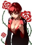  1girl breasts cleavage earrings formal grin highres jewelry king_of_fighters king_of_fighters_xiii large_breasts lolik looking_at_viewer makeup red_eyes redhead short_hair smile solo suit vice 