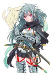  1girl armor belt_pouch cape earrings garter_straps gauntlets greaves grey_hair jewelry long_hair looking_at_viewer original pink_eyes sheath sheathed simple_background skirt solo sword tajima_ryoushi thigh-highs two_side_up weapon white_background 