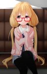  1girl absurdres blonde_hair cosplay futaba_anzu glasses highres idolmaster idolmaster_cinderella_girls kuriyama_mirai kuriyama_mirai_(cosplay) kyoukai_no_kanata long_hair pantyhose ratsuku_kinoko solo twintails 