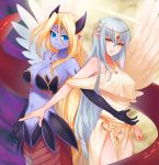  2girls alisfieze_fateburn_xv angel_wings back-to-back blonde_hair blue_eyes blue_hair blue_skin breasts cleavage elbow_gloves forehead_jewel gloves goddess highres ilias jiffic lamia large_breasts long_hair mon-musu_quest! monster_girl multiple_girls smile wings yellow_eyes 
