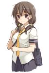  1girl bag blush breasts brown_eyes brown_hair hair_bobbles hair_ornament looking_at_viewer low_twintails necktie oota_yuuichi original school_bag school_uniform short_sleeves simple_background skirt smile solo strap_cleavage twintails white_background yellow_necktie 