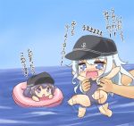  2girls :o akatsuki_(kantai_collection) anchor_symbol blue_eyes chibi crying flailing hat hibiki_(kantai_collection) innertube kantai_collection kotanuki_329 multiple_girls one-piece_swimsuit purple_hair silver_hair swimsuit tears translation_request violet_eyes water younger 