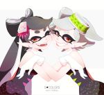  2girls ;d aori_(splatoon) black_hair character_name cheek-to-cheek detached_collar earrings fangs food food_on_head gloves grin highres holding_hands hotaru_(splatoon) jewelry long_hair mask mole mole_under_eye multiple_girls object_on_head one_eye_closed open_mouth pointy_ears seto_(ao) short_hair silver_hair smile splatoon sushi symmetry tentacle_hair white_gloves 