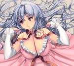  1girl bare_shoulders breasts cleavage detached_sleeves dress large_breasts long_hair long_sleeves lying masao on_back original pink_dress pink_eyes ribbon silver_hair solo upper_body very_long_hair 