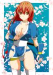  1girl blue_background breasts brown_eyes brown_hair cherry_blossoms choker cleavage collarbone cowboy_shot dead_or_alive floral_background groin kasumi_(doa) kettsu large_breasts long_hair looking_at_viewer panties pelvic_curtain petals puffy_short_sleeves puffy_sleeves sheath sheathed short_sleeves smile solo thigh-highs underwear v wakizashi white_border white_legwear white_panties wind_lift 