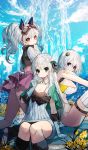  3girls bare_shoulders boots breasts brown_eyes cleavage clouds fountain gloves goggles goggles_on_head green_eyes highres kneeling long_hair looking_at_viewer multiple_girls original pointy_ears silver_hair sitting sky sorolp thigh-highs twintails white_gloves 