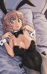  1girl 2015 animal_ears artist_name ayaki bare_shoulders bed_sheet blue_eyes blush bowtie breasts brown_hair bunny_girl bunnysuit cleavage dated detached_collar highres lying on_back open_mouth original pantyhose pillow rabbit_ears short_hair solo tan tanline wrist_cuffs 