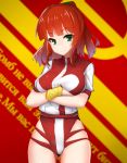 1girl azalanz breasts cowboy_shot crossed_arms green_eyes hammer_and_sickle jung_freud leotard looking_at_viewer redhead russian short_hair short_sleeves solo top_wo_nerae! 