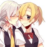  2girls blonde_hair blue_eyes closed_eyes grey_hair grin highres kantai_collection maikaze_(kantai_collection) multiple_girls nowaki_(kantai_collection) one_eye_closed ponytail school_uniform short_hair smile yamori_shiki 