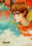  abstract brown_hair clouds collared_shirt eyelashes face freckles from_side glasses highres looking_at_viewer original parted_lips shirt short_hair solo tae 