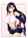  1girl black_hair breasts elbow_gloves final_fantasy final_fantasy_vii fingerless_gloves gloves hand_on_hip highres large_breasts long_hair looking_at_viewer low-tied_long_hair mahito midriff navel pencil_skirt red_eyes shirt skirt smile solo suspenders tank_top taut_clothes taut_shirt tifa_lockhart very_long_hair 