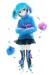  1girl blue_eyes blue_hair blue_rose ene_(kagerou_project) flower highres kagerou_project long_hair rose short_hair skirt twintails 