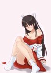  1girl bare_shoulders black_hair blush breasts cleavage dress_shirt hair_ribbon highres hime_cut hiyou_(kantai_collection) kakileaf kantai_collection long_hair magatama off_shoulder ribbon shirt sitting solo tabi undressing very_long_hair violet_eyes 