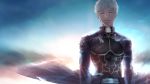  1girl amino_(tn7135) archer closed_eyes clouds crack dark_skin fate/stay_night fate_(series) light_particles sky solo spoilers upper_body white_hair 