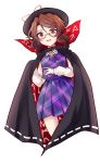  1girl bow brown_eyes brown_hair cape glasses gloves hat highres low_twintails open_mouth plaid red-framed_glasses ribbon school_uniform shirt short_hair skirt smile solo touhou twintails uranaishi_(miraura) usami_sumireko 