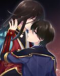  2boys an_hajime black_hair blue_eyes closed_eyes ear_studs earrings horikawa_kunihiro izumi-no-kami_kanesada japanese_clothes jewelry looking_back male_focus multiple_boys touken_ranbu yaoi 