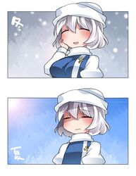  1girl ^_^ breasts closed_eyes flat_chest hammer_(sunset_beach) hand_on_own_cheek hat lavender_hair letty_whiterock open_mouth polearm short_hair smile snowing solo sun touhou translation_request trident upper_body wavy_mouth weapon 