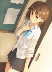  1girl 2014 blue_bowtie blush bowtie brown_eyes brown_hair bulletin_board clenched_hand dated door dress_shirt dutch_angle kinta_(distortion) number original paper parted_lips pleated_skirt school_uniform shirt short_hair signature skirt solo standing wing_collar 