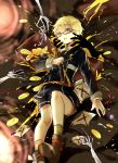  1boy blonde_hair blue_eyes double-breasted glasses hakata_toushirou highres male_focus military military_uniform necktie open_mouth red-framed_glasses shigureru short_hair skeleton solo touken_ranbu uniform 