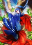  1boy blue_hair bodysuit cape fate/stay_night fate_(series) feet jun_(ash) lancer long_hair ponytail red_eyes solo 