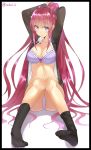  1girl arms_behind_head arms_up black_legwear blush border bra breasts isshiki_(ffmania7) long_hair looking_at_viewer navel open_clothes open_shirt panties purple_bra purple_hair purple_panties shirt sitting smile socks solo twitter_username underwear very_long_hair violet_eyes 