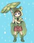  1boy :3 blue_eyes boots brown_hair kingdom_hearts lily_pad looking_at_viewer male_focus ng_sam poncho shorts smile solo sora_(kingdom_hearts) standing water_drop younger 
