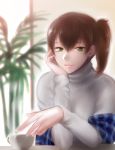  1girl alternate_costume blurry brown_hair chin_rest cup depth_of_field kaga_(kantai_collection) kantai_collection lips looking_at_viewer ribbed_sweater short_hair shoukaki_(earthean) side_ponytail solo steam sweater teacup turtleneck upper_body yellow_eyes 