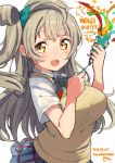  1girl bow breasts brown_eyes brown_hair confetti hair_bow haruken long_hair looking_at_viewer love_live!_school_idol_project minami_kotori open_mouth school_uniform side_ponytail smile solo 