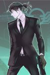  1boy black_hair enjin_y formal ginoza_nobuchika gun highres ponytail psycho-pass single_glove solo suit weapon 