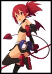  1girl ass black_gloves boots border chestnut_mouth clenched_hand collar demon_tail disgaea elbow_gloves etna gloves kinta_(distortion) open_mouth pointy_ears red_eyes redhead skirt solo tail thigh-highs thigh_boots twintails white_background 