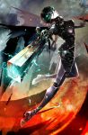 1girl abstract_background arched_back arm_cannon ass black_hair blame! bodysuit breasts cyborg flying graviton_beam_emitter highres pale_skin safeguard sanakan science_fiction short_hair tagane tsukasa_(evening-g-low) weapon 