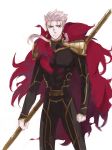  1boy blue_eyes bnsn bodysuit cape fate/stay_night fate_(series) fusion lancer lancer_of_red pale_skin polearm ponytail solo spear weapon white_hair 