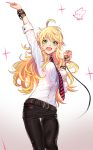  1girl :d ahoge arm_up belt blonde_hair breasts curly_hair dress_shirt gradient gradient_background green_eyes hoshii_miki idolmaster index_finger_raised long_hair microphone necktie open_mouth pants rod_(rod4817) shirt smile solo thigh_gap 