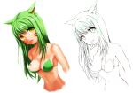  1girl akiresu animal_ears bare_shoulders bikini breasts cat_ears colored facial_mark final_fantasy final_fantasy_xiv green_bikini green_hair lineart long_hair looking_at_viewer miqo&#039;te navel open_mouth simple_background slit_pupils solo swimsuit upper_body white_background yellow_eyes 