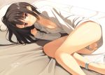  1girl black_hair bottomless breasts cleavage dated kinta_(distortion) long_hair looking_at_viewer lying naked_shirt on_bed on_side original panties panties_around_one_leg pillow red_eyes shirt signature solo underwear 