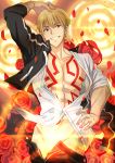  1boy aora blonde_hair fate/stay_night fate_(series) flower gate_of_babylon gilgamesh open_clothes open_shirt petals red_eyes rose shirt solo tattoo 
