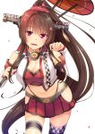  1girl breasts brown_eyes brown_hair detached_sleeves hair_ornament horosuke_(toot08) kantai_collection long_hair oriental_umbrella ponytail racequeen skirt solo thigh-highs umbrella yamato_(kantai_collection) 