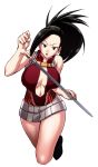  &gt;:o 1girl :o bare_shoulders black_eyes black_hair bodysuit boku_no_hero_academia breasts center_opening chiba_toshirou cleavage full_body large_breasts long_hair navel open_mouth ponytail sleeveless solo sword weapon yaoyorozu_momo 