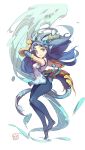  1girl black_hair blue_eyes brass_knuckles chinese_clothes dragon dragon_tail highres horns karin_(p&amp;d) long_hair pantyhose puzzle_&amp;_dragons sleeveless solo tail tennohi water weapon 