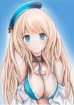  1girl atago_(kantai_collection) beret blonde_hair blue_eyes breasts cleavage hat kantai_collection large_breasts long_hair looking_at_viewer nannacy7 open_clothes smile solo 